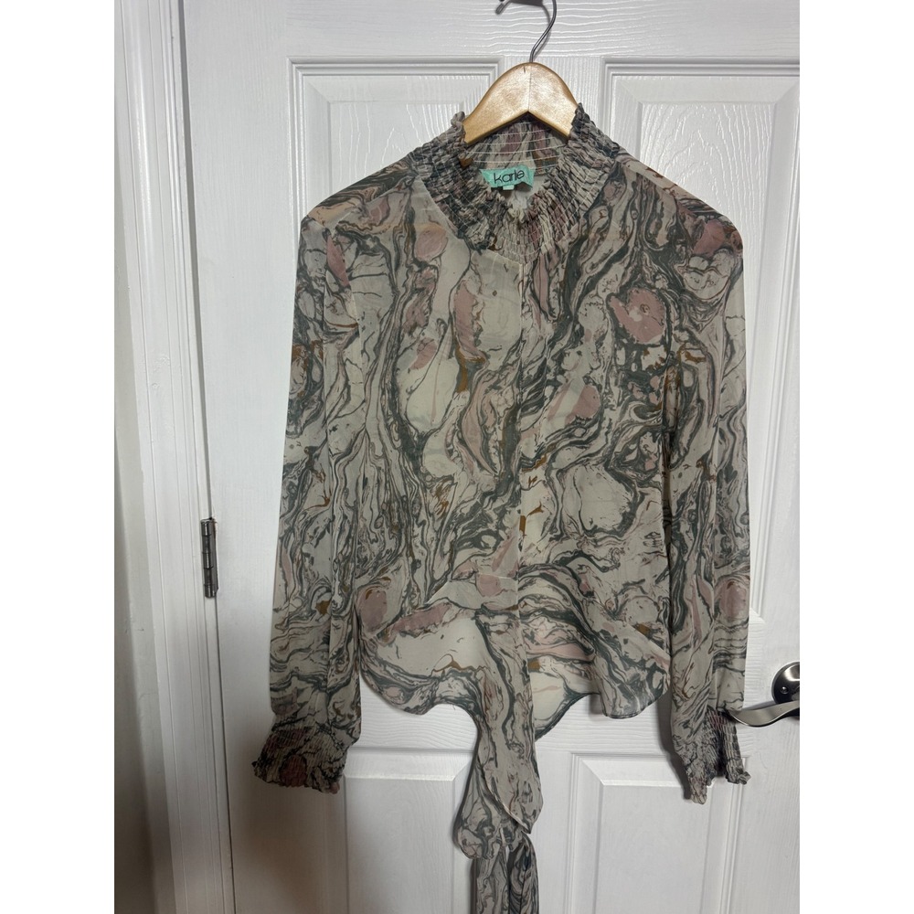 Karlie Marble Print Smocked High Neck Blouse tie around waist slit on cleavage